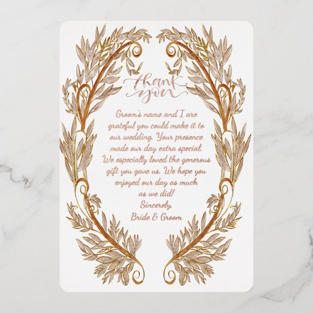 Invitation En Aluminium Rose Gold Foil Mariage Remerciements Élégants (Recto)