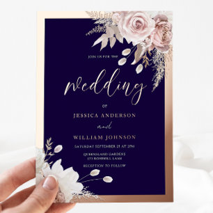 Invitation En Aluminium Rose Gold Foil Navy & Blush Floral Mariage
