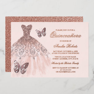 Invitation En Aluminium ROSE GOLD FOIL Robe Papillon Quinceanera