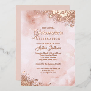 Invitation En Aluminium ROSE GOLD FOIL Rose Pêche Papillon Quinceanera 