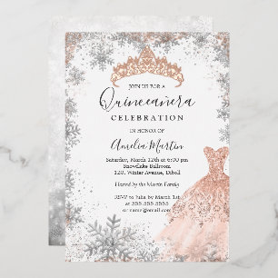 Invitation En Aluminium Rose Gold Hiver Flocon d'Argent Quinceanera