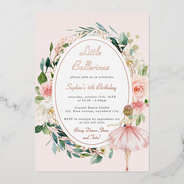Invitation En Aluminium Rose Gold Little Ballerina Floral Anniversaire de  (Recto)