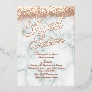 Invitation En Aluminium Rose Gold Marble Sweet Seize Paillettes Pressées