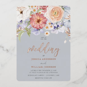Invitation En Aluminium Rose Gold Mariage Bleu Poussiéreux Floral Coloré