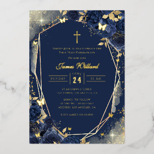 Invitation En Aluminium Rose Gold Navy Garçon Première Communion Foil
