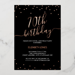 Invitation En Aluminium Rose Gold Noir Calligraphie Confettis 70e Annivers