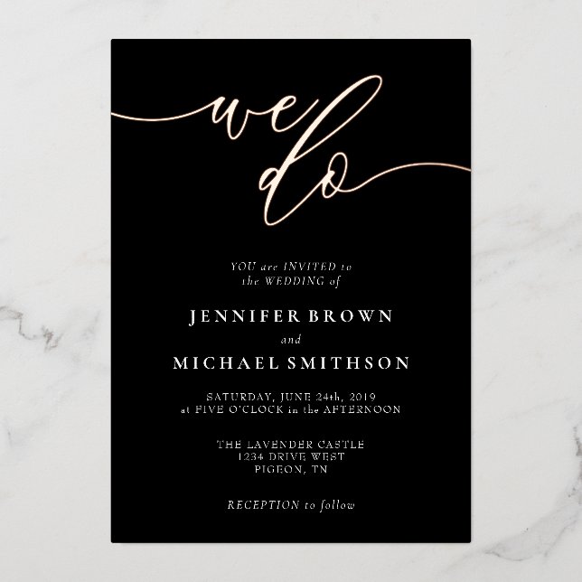 Invitation En Aluminium Rose Gold Noir Calligraphie Mariage (Recto)