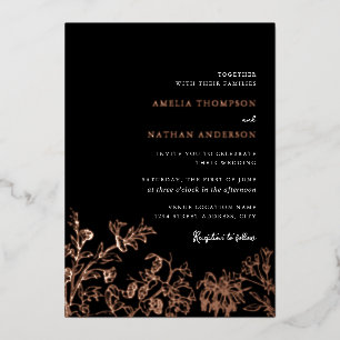 Invitation En Aluminium Rose Gold Noir Floral Élégant Mariage