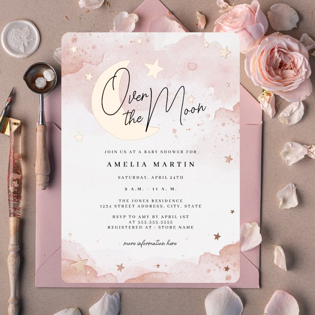 Invitation En Aluminium Rose Gold Over the Moon Blush Baby shower (Créateur téléchargé)