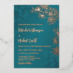 Invitation En Aluminium Rose Gold Paon Vert Floral Mariage