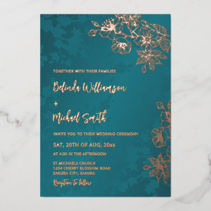 Invitation En Aluminium Rose Gold Paon Vert Floral Mariage