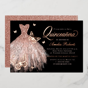 Invitation En Aluminium Rose Gold Robe Papillon Noir Quinceanera
