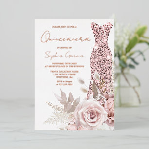 Invitation En Aluminium Rose Gold, Robe Rose Pâle Quinceanera Réel