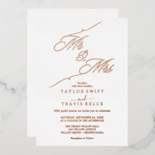 Invitation En Aluminium Rose Gold Romantique Feuille   Mariage M. & Mme 