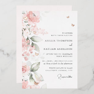 Invitation En Aluminium Rose Gold Rose Floral Papillon Mariage