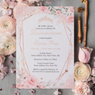 Invitation En Aluminium Rose Gold Rose Pâle Papillon Floral Quinceanera