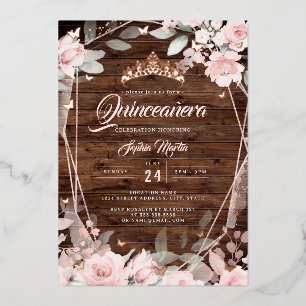 Invitation En Aluminium Rose Gold Rustique Papillon Floral Quinceanera 