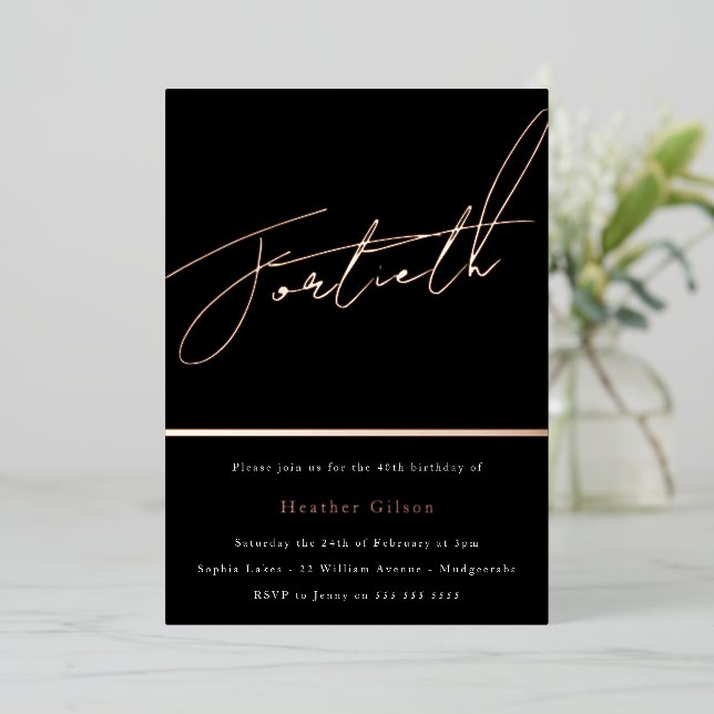 Invitation En Aluminium Rose Gold Script 40e fête d'anniversaire (Debout devant)