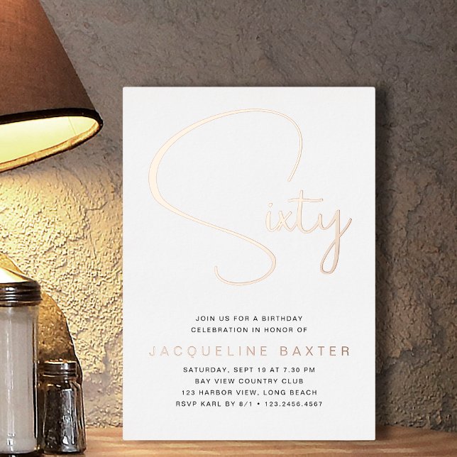 Invitation En Aluminium Rose Gold Script 60e fête d'anniversaire (Créateur téléchargé)