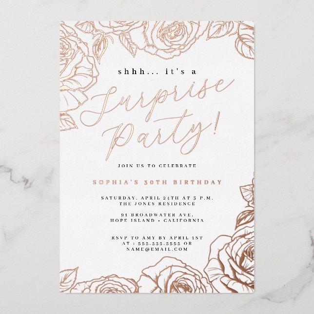 Invitation En Aluminium Rose Gold Script Rose Surprise Party (Recto)