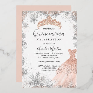 Invitation En Aluminium Rose Gold Silver Snowflake Hivernal Quinceanera