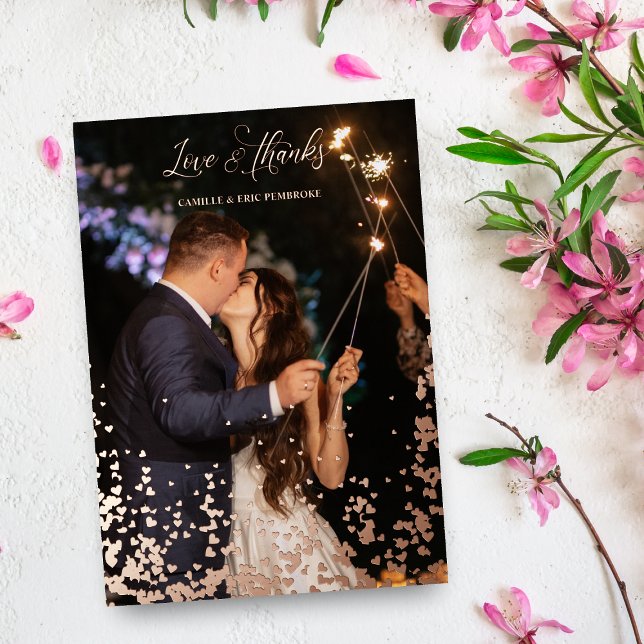 Invitation En Aluminium Rose Gold Sparkle Hearts 2 Photos Amour & Merci (Sparkle Hearts 2 Photos Wedding Love & Thanks Quote Metallic Foil Wedding Thank You Card. Rose Gold.)