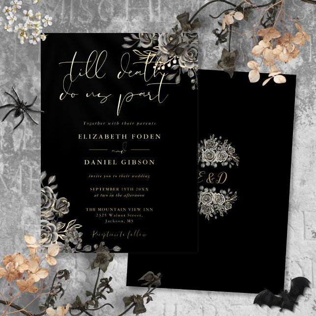Invitation En Aluminium Rose gothique Floral Mariage Noir et Or (Gothic Roses Floral Wedding Black And Gold Foil Invitation)