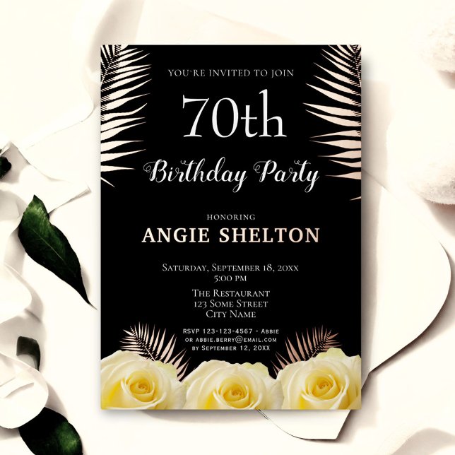 Invitation En Aluminium Rose jaune Feuilles tropicaux 70e anniversaire Or (Créateur téléchargé)