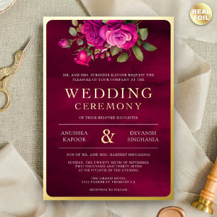 Invitation En Aluminium Rose Magenta Floral Photo Mariage Indien Or