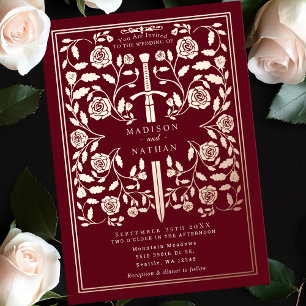 Invitation En Aluminium Rose médiéval rouge  or Mariage