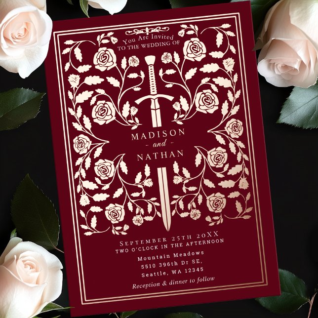 Invitation En Aluminium Rose médiéval rouge  or Mariage (Créateur téléchargé)