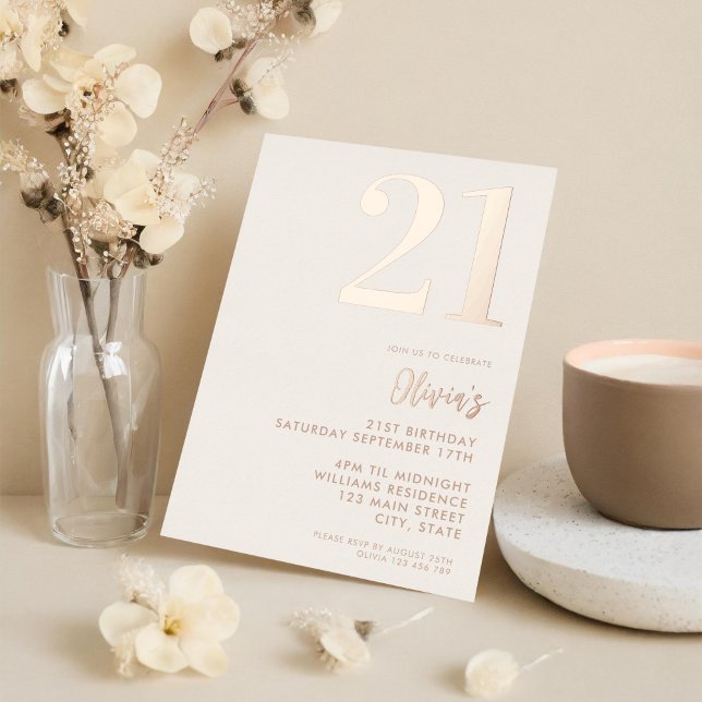Invitation En Aluminium Rose moderne Beige Or Élégant 21e anniversaire (Créateur téléchargé)