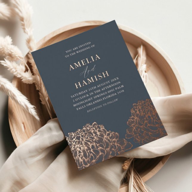 Invitation En Aluminium Rose moderne Gold & Blue Floral Mariage (Créateur téléchargé)