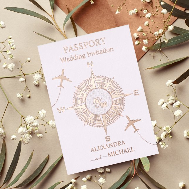 Invitation En Aluminium Rose moderne Gold Destination Passport Mariage Inv (Créateur téléchargé)