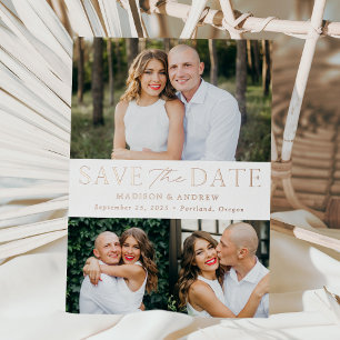 Invitation En Aluminium Rose moderne Gold Foil 3 Photo Enregistrer la date