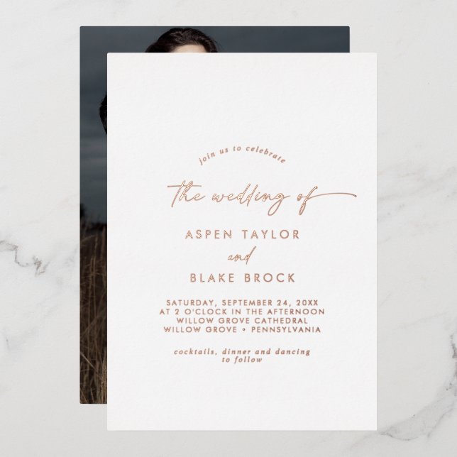 Invitation En Aluminium Rose moderne Gold Foil Script Mariage photo (Recto/Verso)