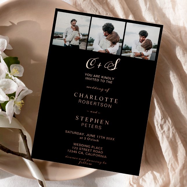 Invitation En Aluminium Rose moderne or noir initiales 4 photos mariage (Créateur téléchargé)