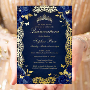 Invitation En Aluminium Rose Navy Dentelle Papillon Quinceanera Anniversai