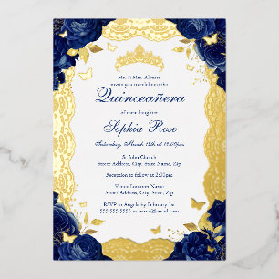 Invitation En Aluminium Rose Navy Dentelle Quinceanera Anniversaire 