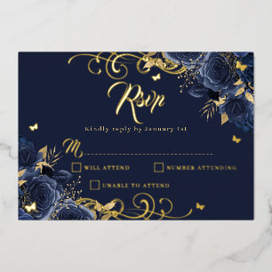 Invitation En Aluminium Rose Navy Floral Or Swirl Doré Quinceanera