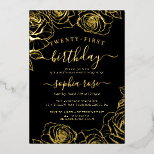 Invitation En Aluminium Rose noire or foilée 21e anniversaire