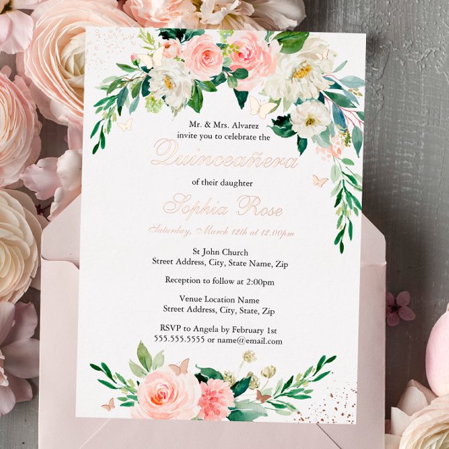Invitation En Aluminium ROSE OR FOIL rose Floral Quinceanera (Créateur téléchargé)