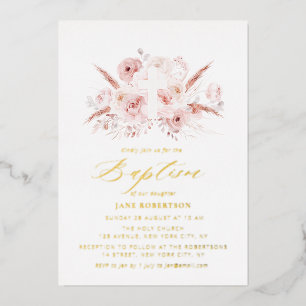 Invitation En Aluminium rose poudrée fleurs de pampa croix baptême 