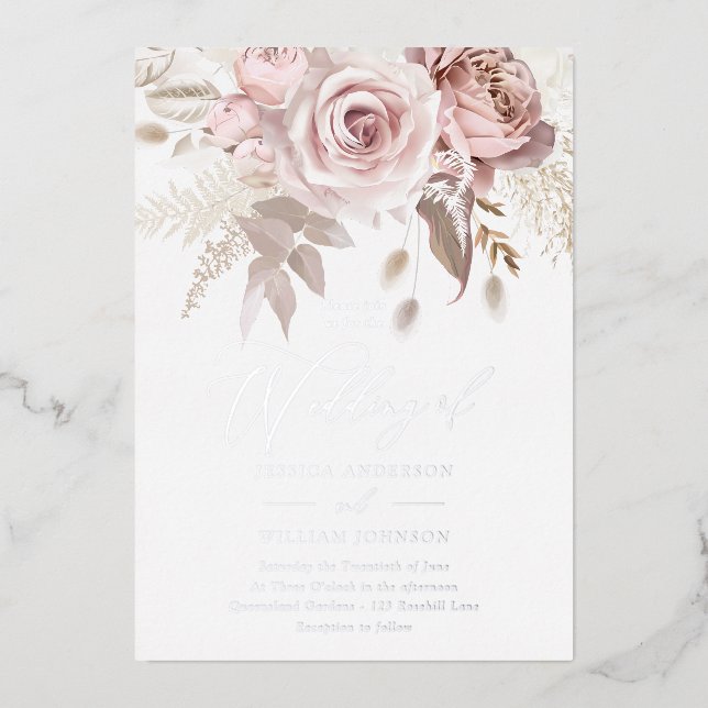 Invitation En Aluminium Rose Poussiéreux & Floral Mariage Argent (Recto)