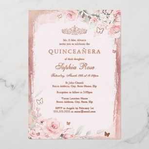 Invitation En Aluminium Rose rose floral papillon Quinceanera 15e