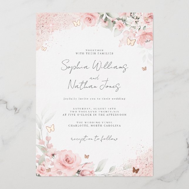 Invitation En Aluminium Rose rose pâle Mariage papillon (Recto)