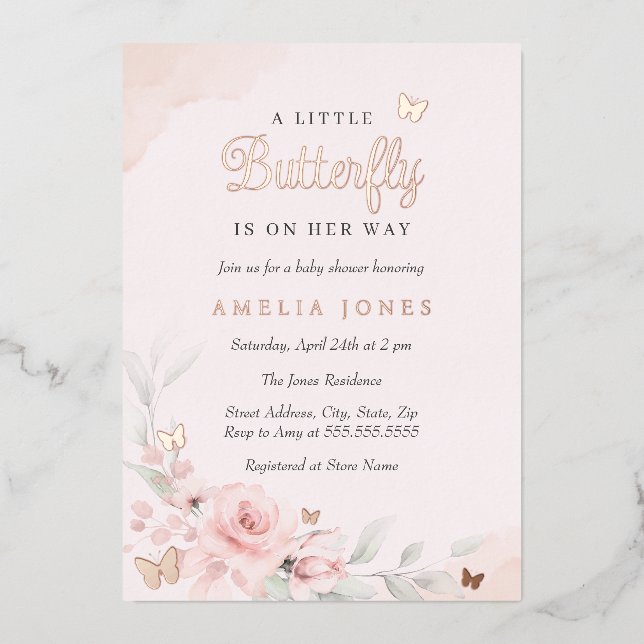 Invitation En Aluminium Rose rose  papillon Baby shower (Recto)