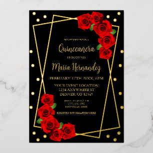 Invitation En Aluminium Rose rouge Noir et or Quinceañera