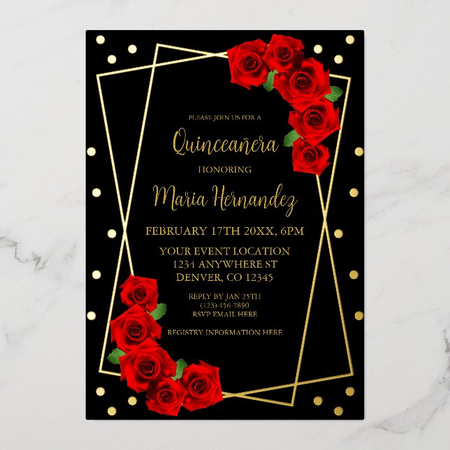 Invitation En Aluminium Rose rouge Noir et or Quinceañera (Recto)