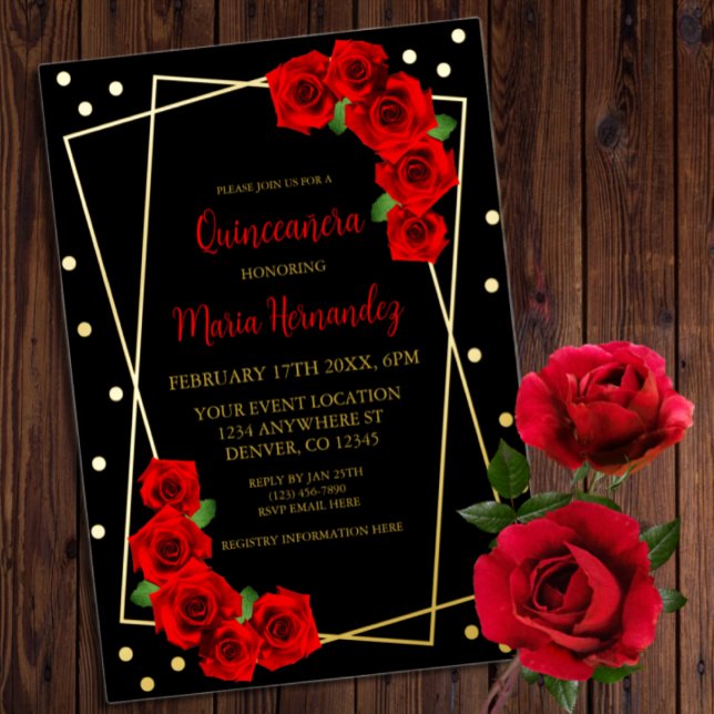 Invitation En Aluminium Rose rouge Noir et or Quinceañera (Créateur téléchargé)